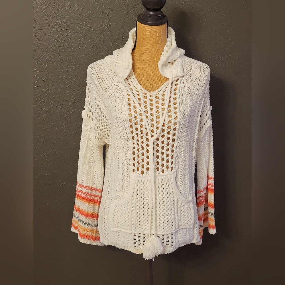 POL White Open Weave Knit Polyester Pullover Hoodie Medium